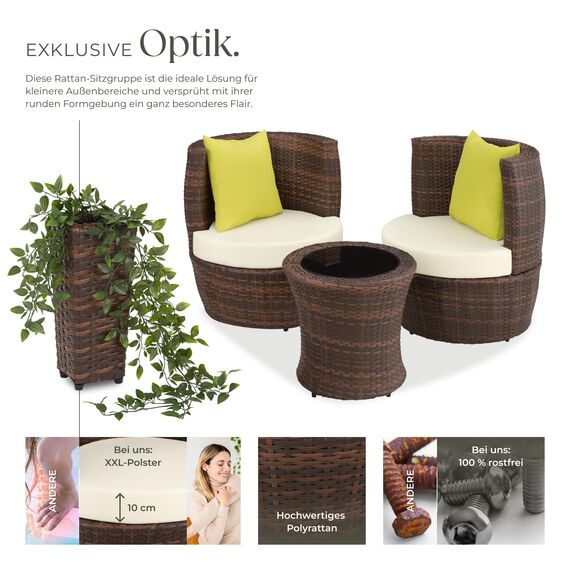 tectake® Rattan Set 2 Personen, Balkonmöbel, Aluminium Gartenmöbel Set, Outdoor Sitzgruppe mit 2X Stuhl, 1 Beistelltisch rund, Vase, platzsparend zusammenschiebbar, mit Polster Kissen - schwarz/braun