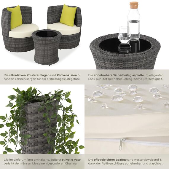 tectake® Rattan Set 2 Personen, Balkonmöbel, Aluminium Gartenmöbel Set, Outdoor Sitzgruppe mit 2X Stuhl, 1 Beistelltisch rund, 1 Vase, platzsparend zusammenschiebbar, mit Polster und Kissen - grau