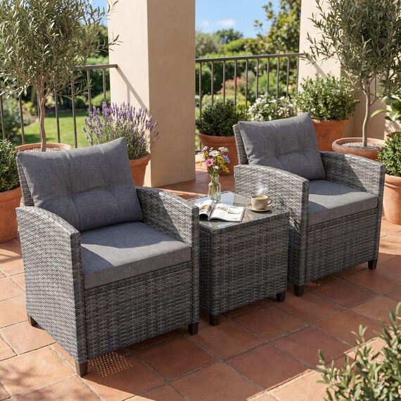 GIANTEX Rattan Gartenmöbel Set, Balkonmöbel Kleiner Balkon, Lounge Gartenmöbel Set, Balkon Möbel für 2 Personen, Gartenlounge Set 2 Sessel & Tisch, 3 tlg. Gartensitzgruppe inkl. Sitz- und Rückenkissen
