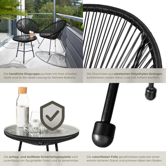tectake® Set 2X Stuhl 1x Beistelltisch Acapulco, Gartenstuhl, Gartenstühle im Retro Design, Indoor und Outdoor Sessel für Garten, Wintergarten, als Terrassenstühle oder Balkon Sessel - schwarz