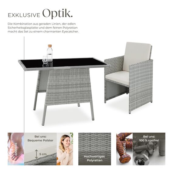 tectake® Poly Rattan Sitzgruppe für 2 Personen, Outdoor Möbel platzsparend zusammenschiebbar, 2 Sessel & 1 Tisch, ideales Balkon Lounge Set, Gartenmöbel, Terrassenmöbel wetterfest - hellgrau