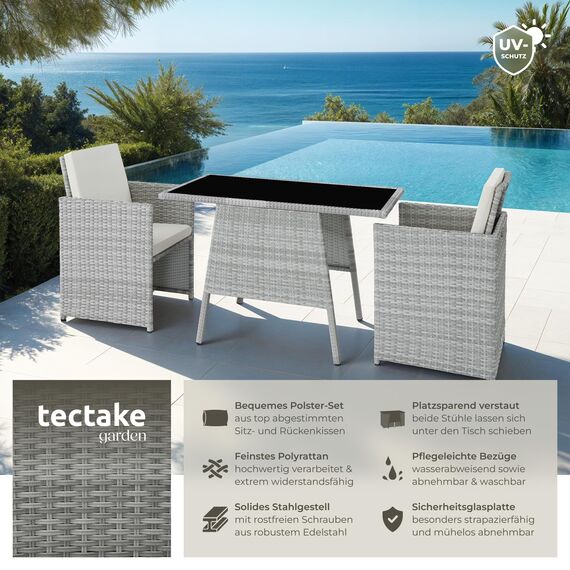 tectake® Poly Rattan Sitzgruppe für 2 Personen, Outdoor Möbel platzsparend zusammenschiebbar, 2 Sessel & 1 Tisch, ideales Balkon Lounge Set, Gartenmöbel, Terrassenmöbel wetterfest - hellgrau