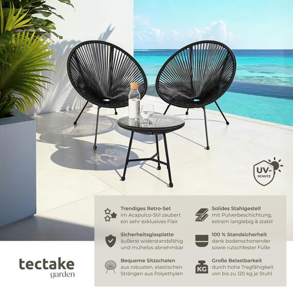 tectake® Set 2X Stuhl 1x Beistelltisch Acapulco, Gartenstuhl, Gartenstühle im Retro Design, Indoor und Outdoor Sessel für Garten, Wintergarten, als Terrassenstühle oder Balkon Sessel - schwarz