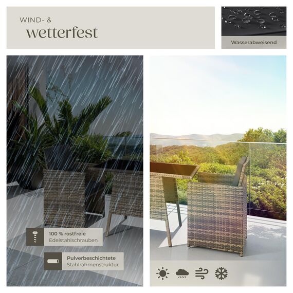 tectake® Poly Rattan Sitzgruppe für 2 Personen, Outdoor Möbel platzsparend zusammenschiebbar, 2 Sessel & 1 Tisch, ideales Balkon Lounge Set, Gartenmöbel, Terrassenmöbel wetterfest - Natur