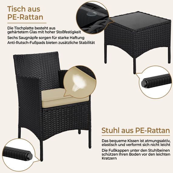 Yaheetech Balkonmöbel Set, Gartenmöbel-Set 3TLG. aus PE-Polyrattan inkl. 2 Stühle mit Sitzkissen & Balkontisch, Terrassenmöbelset Gartensitzgruppe Lounge Set für Balkon Terrasse Garten, Schwarz-Khaki