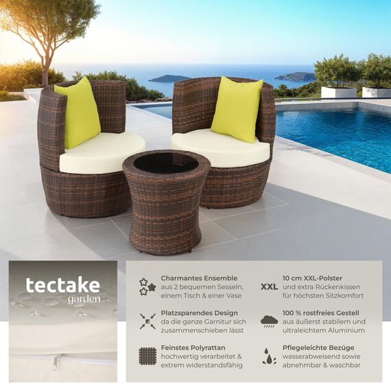 tectake® Rattan Set 2 Personen, Balkonmöbel, Aluminium Gartenmöbel Set, Outdoor Sitzgruppe mit 2X Stuhl, 1 Beistelltisch rund, Vase, platzsparend zusammenschiebbar, mit Polster Kissen - schwarz/braun