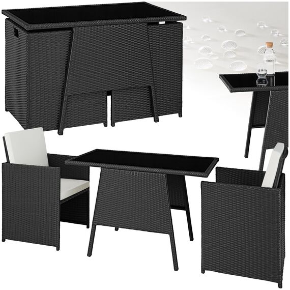 tectake® Poly Rattan Sitzgruppe für 2 Personen, Outdoor Möbel platzsparend zusammenschiebbar, 2 Sessel & 1 Tisch, ideales Balkon Lounge Set, Gartenmöbel, Terrassenmöbel wetterfest - schwarz