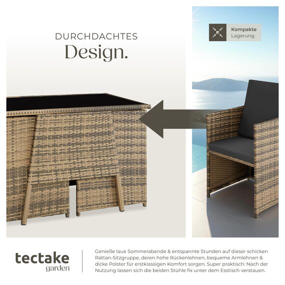 tectake® Poly Rattan Sitzgruppe für 2 Personen, Outdoor Möbel platzsparend zusammenschiebbar, 2 Sessel & 1 Tisch, ideales Balkon Lounge Set, Gartenmöbel, Terrassenmöbel wetterfest - Natur