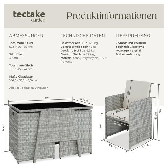 tectake® Poly Rattan Sitzgruppe für 2 Personen, Outdoor Möbel platzsparend zusammenschiebbar, 2 Sessel & 1 Tisch, ideales Balkon Lounge Set, Gartenmöbel, Terrassenmöbel wetterfest - hellgrau