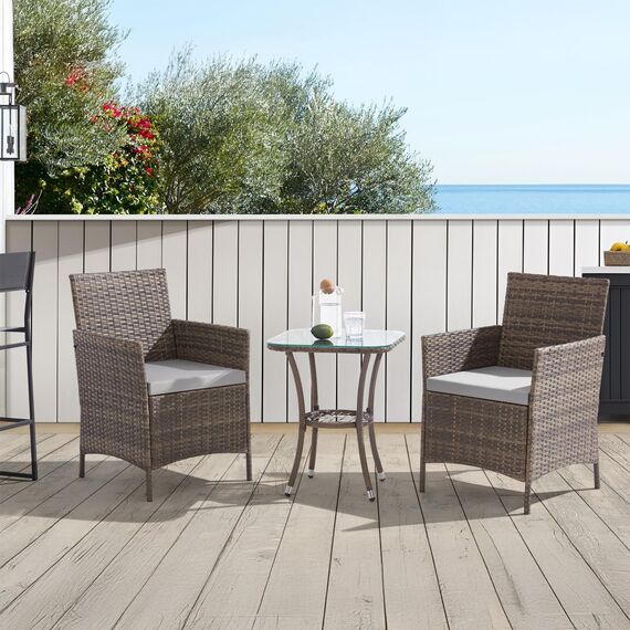 SVITA Brooklyn Bistro Gartenmöbelset 3-teilig Rattan Outdoor Gartenlounge Terrasse Balkon Garten Sitzgruppe mit 2 Sesseln und Tisch Braun