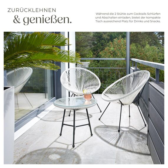tectake® Set 2X Stuhl 1x Beistelltisch Acapulco, Gartenstuhl, Gartenstühle im Retro Design, Indoor und Outdoor Sessel für Garten, Wintergarten, als Terrassenstühle oder Balkon Sessel - weiß