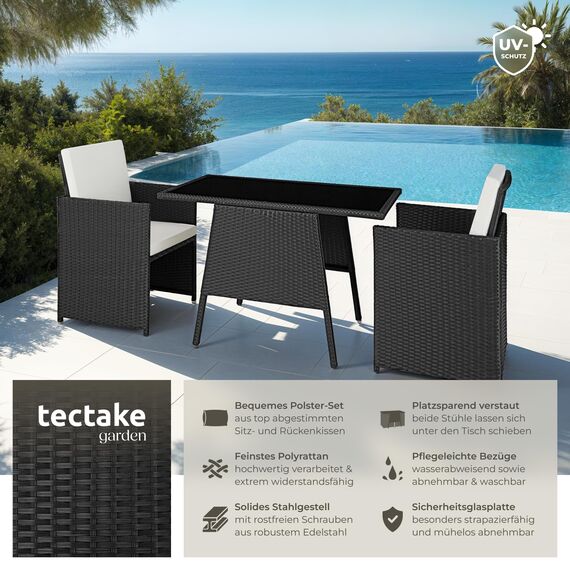 tectake® Poly Rattan Sitzgruppe für 2 Personen, Outdoor Möbel platzsparend zusammenschiebbar, 2 Sessel & 1 Tisch, ideales Balkon Lounge Set, Gartenmöbel, Terrassenmöbel wetterfest - schwarz