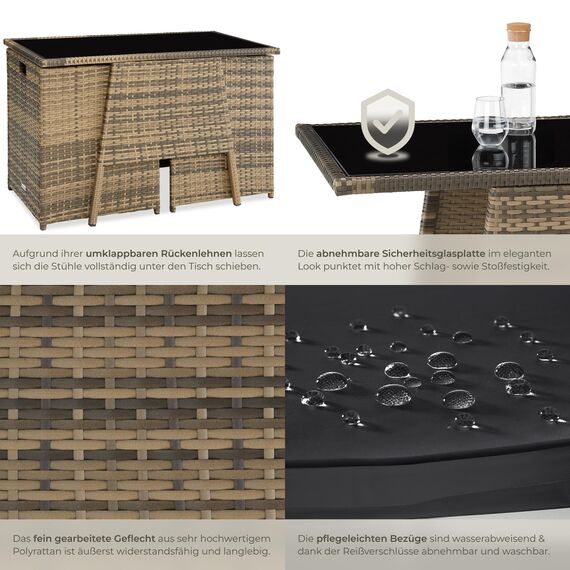 tectake® Poly Rattan Sitzgruppe für 2 Personen, Outdoor Möbel platzsparend zusammenschiebbar, 2 Sessel & 1 Tisch, ideales Balkon Lounge Set, Gartenmöbel, Terrassenmöbel wetterfest - Natur