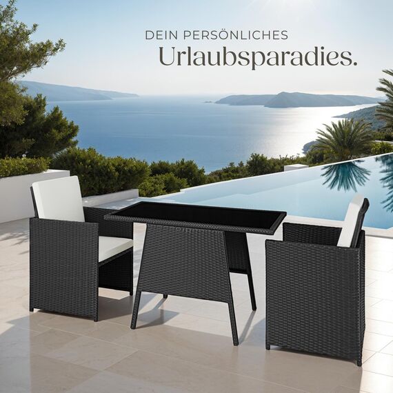 tectake® Poly Rattan Sitzgruppe für 2 Personen, Outdoor Möbel platzsparend zusammenschiebbar, 2 Sessel & 1 Tisch, ideales Balkon Lounge Set, Gartenmöbel, Terrassenmöbel wetterfest - schwarz
