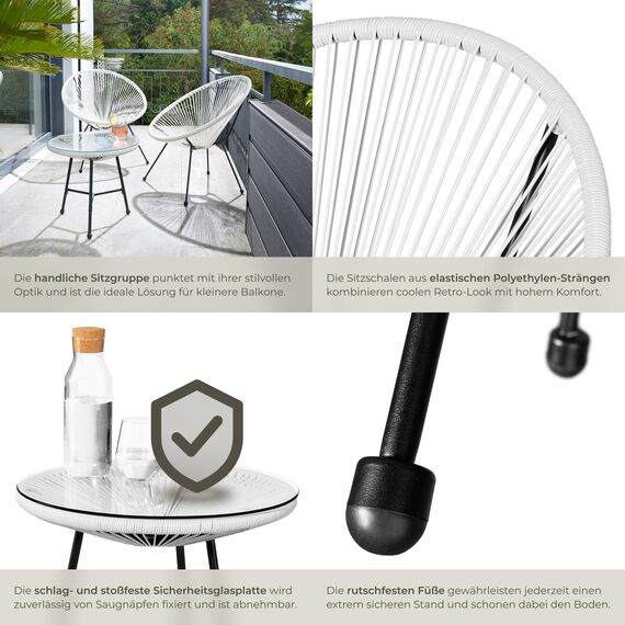 tectake® Set 2X Stuhl 1x Beistelltisch Acapulco, Gartenstuhl, Gartenstühle im Retro Design, Indoor und Outdoor Sessel für Garten, Wintergarten, als Terrassenstühle oder Balkon Sessel - weiß