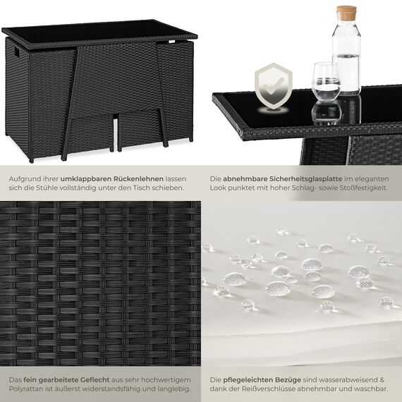 tectake® Poly Rattan Sitzgruppe für 2 Personen, Outdoor Möbel platzsparend zusammenschiebbar, 2 Sessel & 1 Tisch, ideales Balkon Lounge Set, Gartenmöbel, Terrassenmöbel wetterfest - schwarz