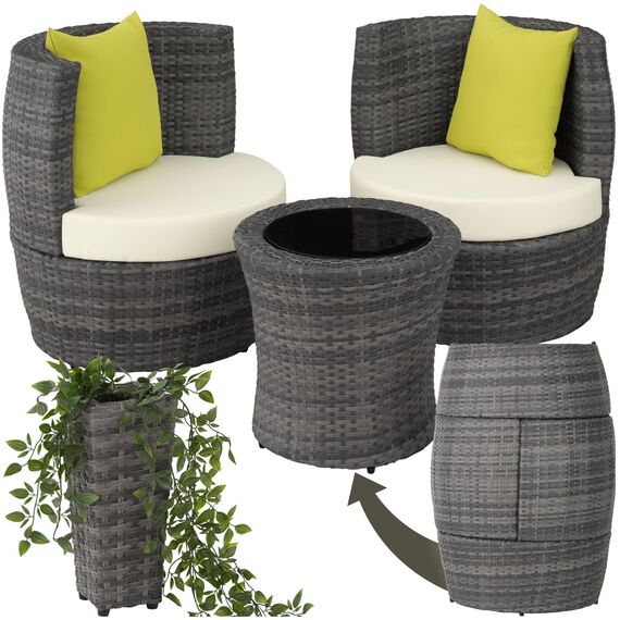 tectake® Rattan Set 2 Personen, Balkonmöbel, Aluminium Gartenmöbel Set, Outdoor Sitzgruppe mit 2X Stuhl, 1 Beistelltisch rund, 1 Vase, platzsparend zusammenschiebbar, mit Polster und Kissen - grau