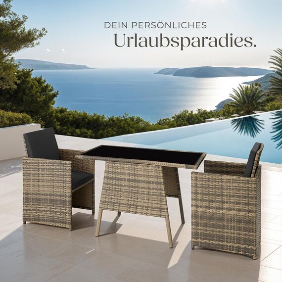 tectake® Poly Rattan Sitzgruppe für 2 Personen, Outdoor Möbel platzsparend zusammenschiebbar, 2 Sessel & 1 Tisch, ideales Balkon Lounge Set, Gartenmöbel, Terrassenmöbel wetterfest - Natur