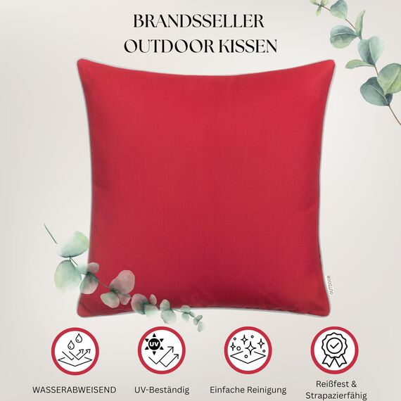 Brandsseller 2er Set Outdoor Kissen 45x45 cm – Wetterfeste Zierkissen mit Paspel – Wasserabweisende Gartenkissen & Dekokissen für draußen – Sofakissen für Balkon & Terrasse – Rot