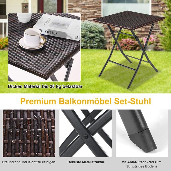LIFERUN Balkonmöbel Set 3-teilige, Balkonmöbel Rattan, Bistro Gartenmöbel, 1 Klapptische und 2PCS Klappstühle, Braun Balkonmöbel Klappbar, Klappmöbel Stuhl für Balkon, Terrasse und Garten