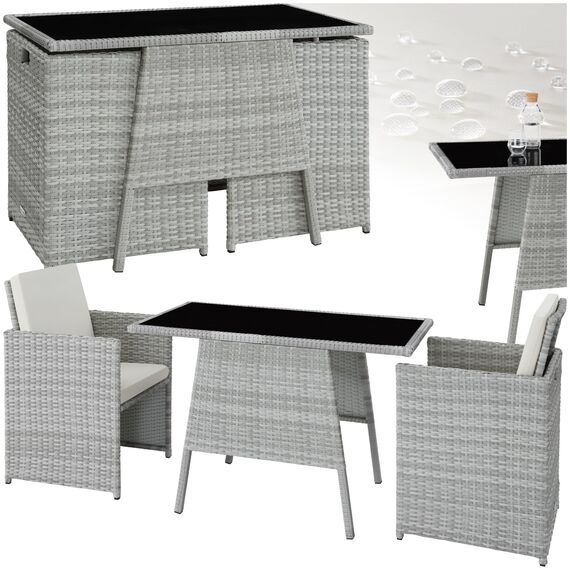 tectake® Poly Rattan Sitzgruppe für 2 Personen, Outdoor Möbel platzsparend zusammenschiebbar, 2 Sessel & 1 Tisch, ideales Balkon Lounge Set, Gartenmöbel, Terrassenmöbel wetterfest - hellgrau