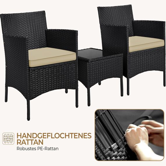 Yaheetech Balkonmöbel Set, Gartenmöbel-Set 3TLG. aus PE-Polyrattan inkl. 2 Stühle mit Sitzkissen & Balkontisch, Terrassenmöbelset Gartensitzgruppe Lounge Set für Balkon Terrasse Garten, Schwarz-Khaki