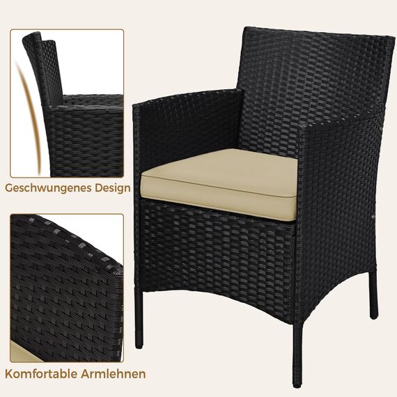 Yaheetech Balkonmöbel Set, Gartenmöbel-Set 3TLG. aus PE-Polyrattan inkl. 2 Stühle mit Sitzkissen & Balkontisch, Terrassenmöbelset Gartensitzgruppe Lounge Set für Balkon Terrasse Garten, Schwarz-Khaki