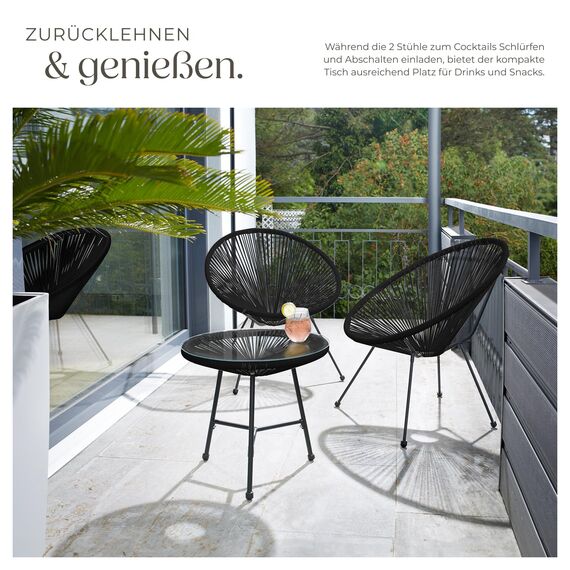 tectake® Set 2X Stuhl 1x Beistelltisch Acapulco, Gartenstuhl, Gartenstühle im Retro Design, Indoor und Outdoor Sessel für Garten, Wintergarten, als Terrassenstühle oder Balkon Sessel - schwarz