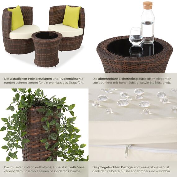 tectake® Rattan Set 2 Personen, Balkonmöbel, Aluminium Gartenmöbel Set, Outdoor Sitzgruppe mit 2X Stuhl, 1 Beistelltisch rund, Vase, platzsparend zusammenschiebbar, mit Polster Kissen - schwarz/braun