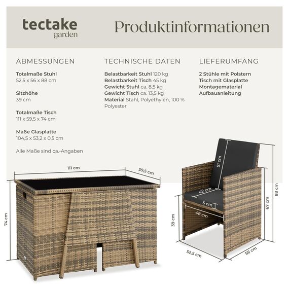 tectake® Poly Rattan Sitzgruppe für 2 Personen, Outdoor Möbel platzsparend zusammenschiebbar, 2 Sessel & 1 Tisch, ideales Balkon Lounge Set, Gartenmöbel, Terrassenmöbel wetterfest - Natur