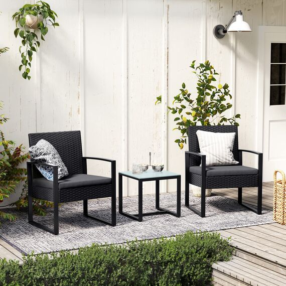 SONGMICS Balkonmöbel, Gartenmöbel-Set, aus PE-Polyrattan, Lounge-Set, Tisch und 2 Stühle, Terrassenmöbel, einfache Montage, Outdoor, für Terrasse, Balkon, Garten, schwarz-grau GGF010G05