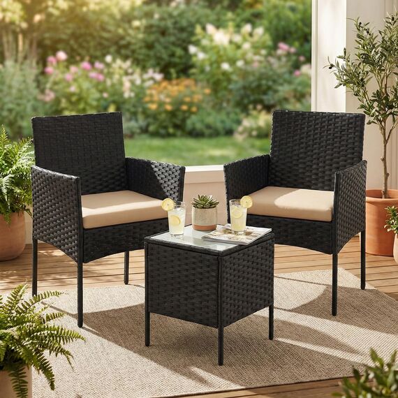 SONGMICS Balkonmöbel, Gartenmöbel-Set, aus PE-Polyrattan, Lounge-Set, Tisch und 2 Stühle, Terrassenmöbel, Outdoor, für Terrasse, Balkon, Garten, schwarz-Taupe GGF003B01