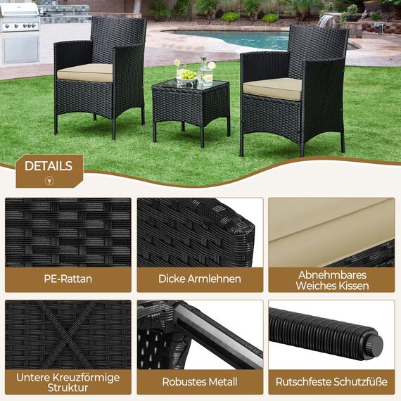 Yaheetech Balkonmöbel Set, Gartenmöbel-Set 3TLG. aus PE-Polyrattan inkl. 2 Stühle mit Sitzkissen & Balkontisch, Terrassenmöbelset Gartensitzgruppe Lounge Set für Balkon Terrasse Garten, Schwarz-Khaki