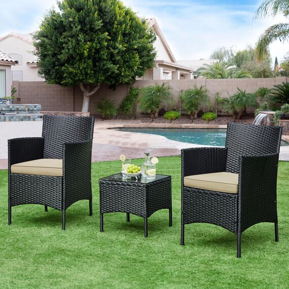 Yaheetech Balkonmöbel Set, Gartenmöbel-Set 3TLG. aus PE-Polyrattan inkl. 2 Stühle mit Sitzkissen & Balkontisch, Terrassenmöbelset Gartensitzgruppe Lounge Set für Balkon Terrasse Garten, Schwarz-Khaki