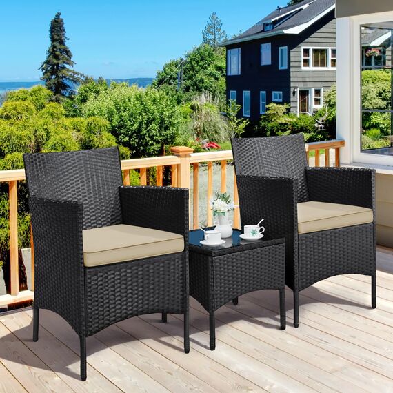 Yaheetech Balkonmöbel Set, Gartenmöbel-Set 3TLG. aus PE-Polyrattan inkl. 2 Stühle mit Sitzkissen & Balkontisch, Terrassenmöbelset Gartensitzgruppe Lounge Set für Balkon Terrasse Garten, Schwarz-Khaki