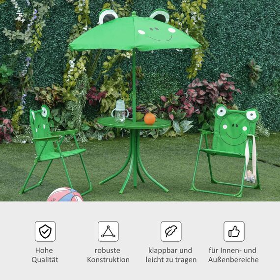 Outsunny 4tlg. Kindersitzgruppe Garten Gartentisch 2 Klappstühle Sonnenschirm Camping Kindersitzgarnitur Gartenmöbel für 3-5 Jahre Grün