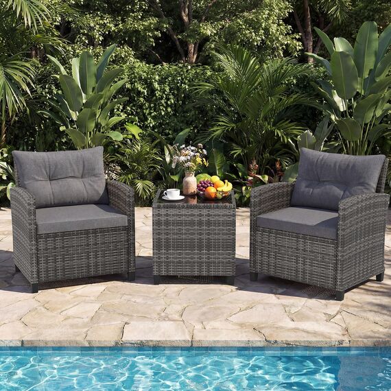 GIANTEX Rattan Gartenmöbel Set, Balkonmöbel Kleiner Balkon, Lounge Gartenmöbel Set, Balkon Möbel für 2 Personen, Gartenlounge Set 2 Sessel & Tisch, 3 tlg. Gartensitzgruppe inkl. Sitz- und Rückenkissen