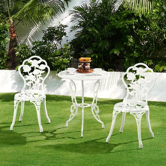 Yaheetech 3tlg. Bistro Set Balkonset Gartenset mit Stühlen Gartenmöbel-Set Zwei Sitzhocker Gartenmöbel im antiken Stil Aluguss Weiß