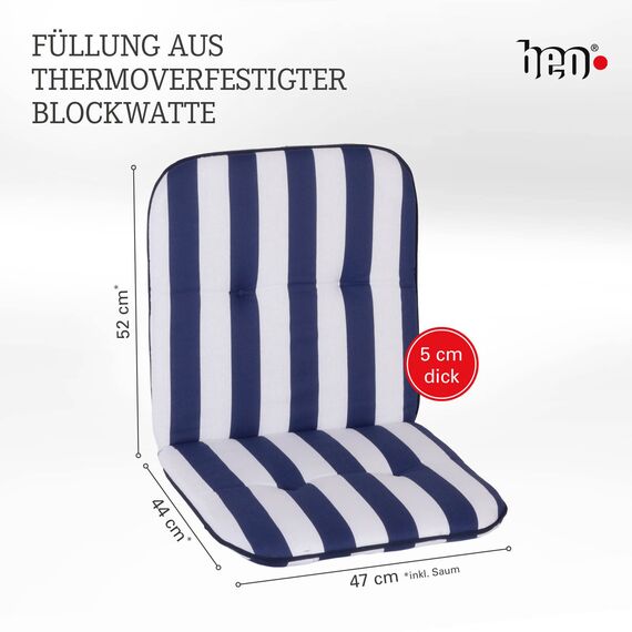 Beo Niedriglehner Auflagen Waschbar Bali | Made in EU nach Öko-Tex Standard | Atmungsaktive Stuhlauflage Niedriglehner mit Halteband | UV-beständige Auflagen Niedriglehner mit Streifen in Blau-Weiß,