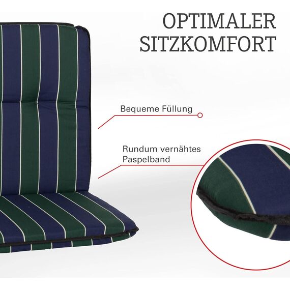 Beo Bali Gartenstuhl-Auflagen Niedriglehner 96x47 cm, 4er Set blau dunkelgrün gestreift | Waschbare, UV-beständige Sitz-Kissen | Atmungsaktive Polster-Auflagen nach Öko-Tex Standard | Made in EU