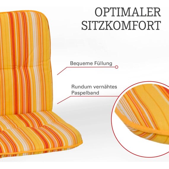 Beo Bali Gartenstuhl-Auflagen Niedriglehner 96x47 cm, 6er Set orange gelb weiß gestreift | Waschbare, UV-beständige Sitz-Kissen | Atmungsaktive Polster-Auflagen nach Öko-Tex Standard | Made in EU