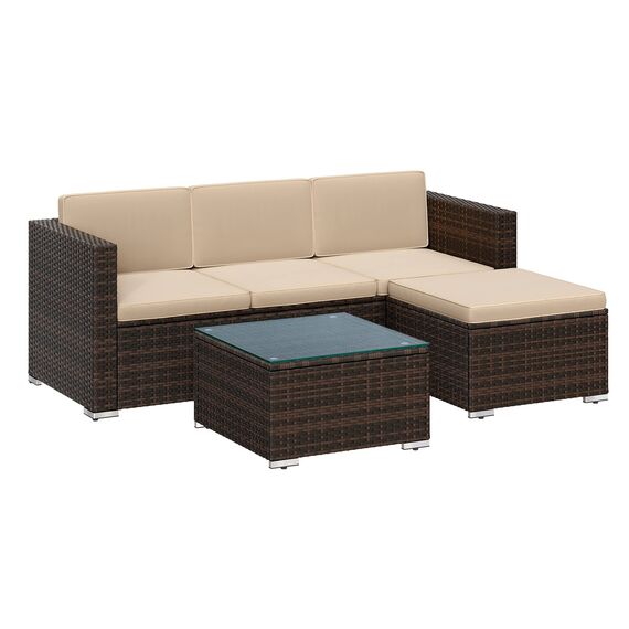 SONGMICS Gartenmöbel-Set, Balkonmöbel aus PE-Polyrattan, Terrassenmöbel, Ecksofa, Outdoor, handgeflochtenes Rattan, Lounge-Set, mit Kissen und Glastisch, braun-Taupe GGF005K03