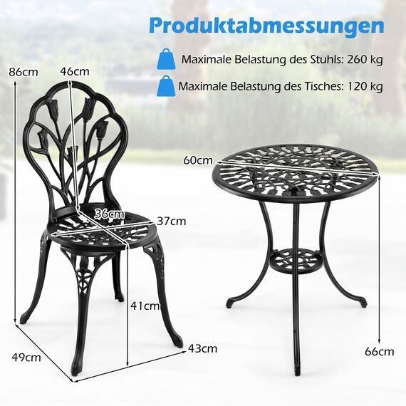COSTWAY Bistroset 3-teilig, Bistrotisch mit 2 Stühle, Gartenmöbel Set, Balkonmöbel aus Aluminiumguss, Balkonset, Gartengarnitur, Sitzgruppe für Terrasse, Balkon, Garten, Schwarz