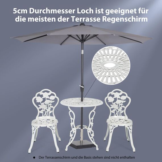 COSTWAY Bistroset 3-teilig, Bistrotisch mit 2 Stühle & Schirmloch, Gartenmöbel Set, Balkonmöbel aus Aluminiumguss und Gusseisen, Balkonset, Gartengarnitur, Sitzgruppe für Garten, Terrasse, Balkon