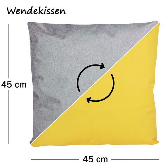JACK 2-farbiges Wende Outdoor Lounge Kissen 45x45cm Dekokissen inkl. Füllung Wasserfest Sitzkissen Garten Stuhl Lotus Effekt, Farbe:Grau - Gelb