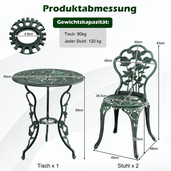 COSTWAY Bistroset 3-teilig, Bistrotisch mit 2 Stühle & Schirmloch, Gartenmöbel Set, Balkonmöbel aus Aluminiumguss, Balkonset, Gartengarnitur, Sitzgruppe für Garten, Terrasse, Balkon