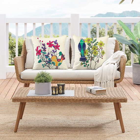Artscope wasserdichte Kissenbezugen, 4er Set Textiles Vogelmuster Kissenhülle Atmungsaktiv Kissen Fall für Outdoor Balkon Terrasse Patio Garten Bauernhaus Dekor 45x45CM