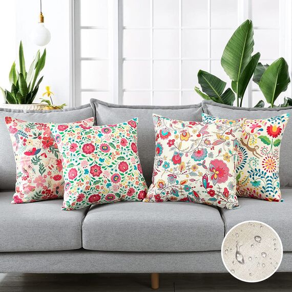 Artscope wasserdichte Kissenbezugen, 4er Set Rosa Blume und AFFE Kissenhülle Atmungsaktiv Kissen Fall für Outdoor Balkon Terrasse Patio Garten Bauernhaus Dekor 45x45CM