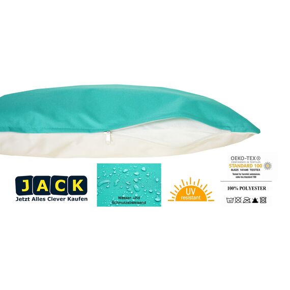 JACK 2-farbiges Wende Outdoor Lounge Kissen 45x45cm Dekokissen inkl. Füllung Wasserfest Sitzkissen Garten Stuhl Lotus Effekt, Farbe:Aqua - Elfenbein