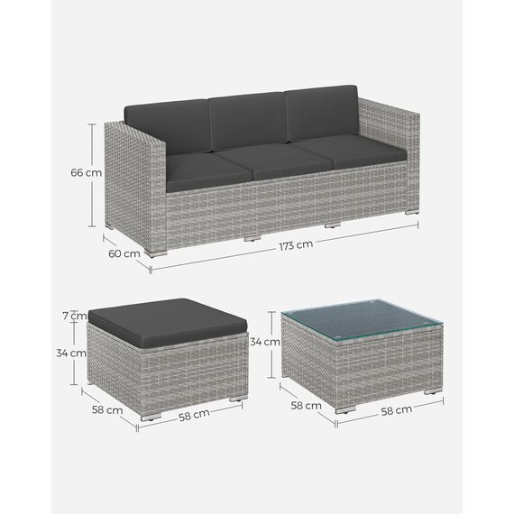 SONGMICS Gartenmöbel-Set, Balkonmöbel aus PE-Polyrattan, Terrassenmöbel, Ecksofa, Outdoor, handgeflochtenes Rattan, Lounge-Set, mit Kissen und Glastisch, Grau GGF005G05